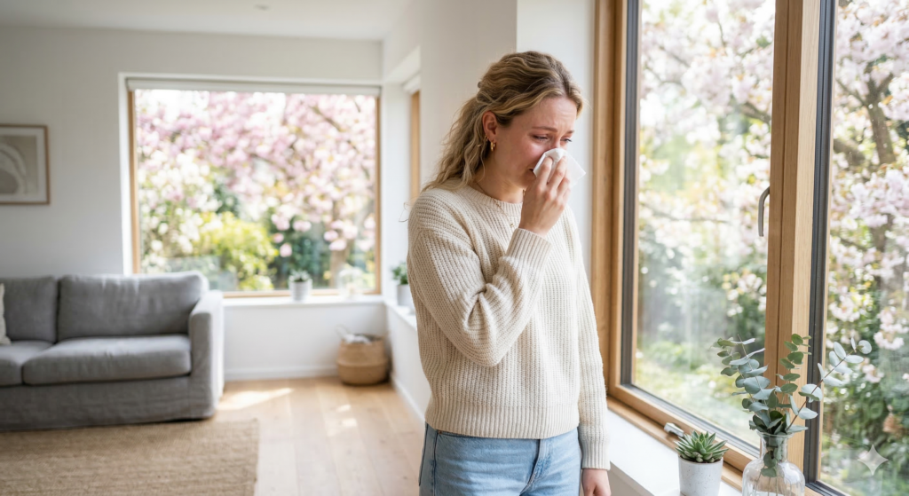 Kobieta z objawami alergii na pyłki trzymająca chusteczkę