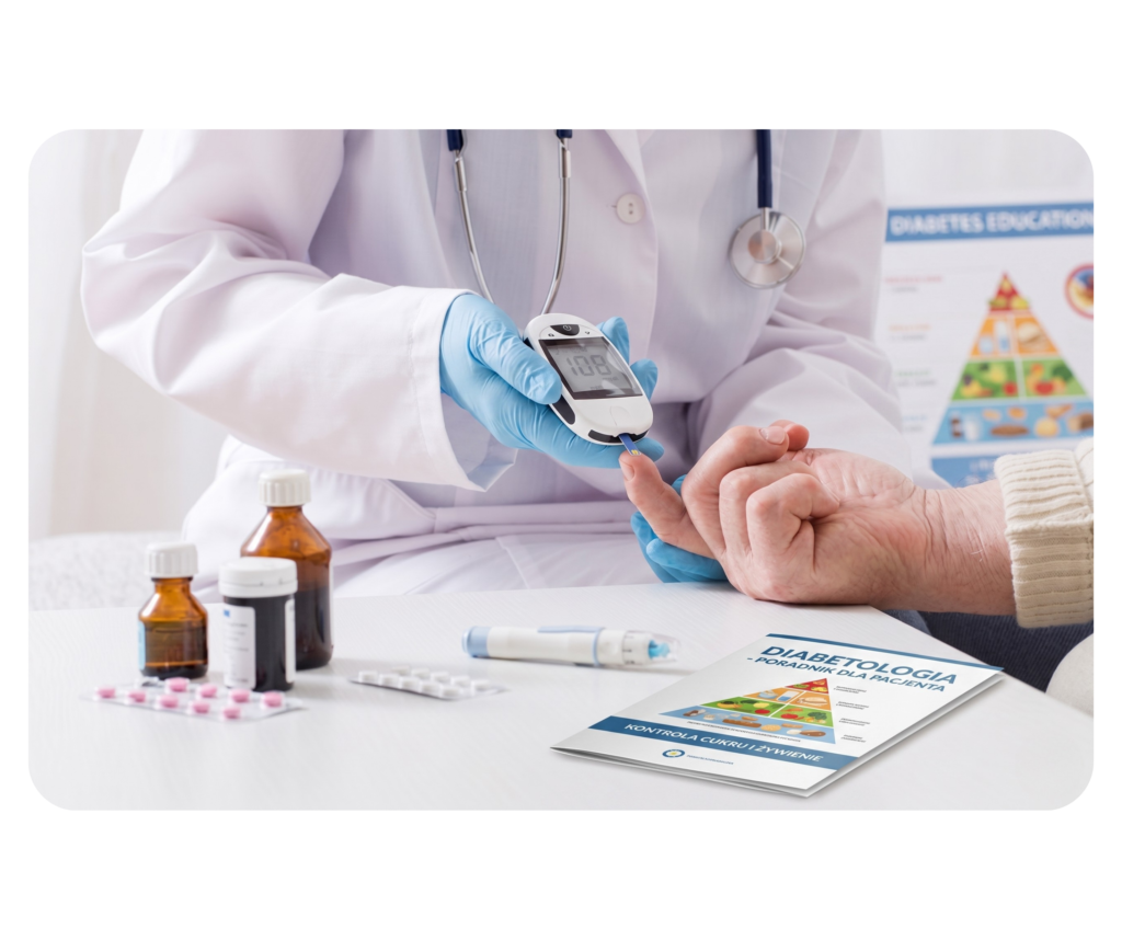 Lekarz wykonujący pomiar cholesterolu pacjentowi podczas konsultacji diabetologicznej.